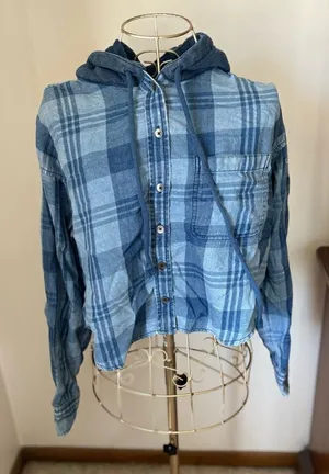 American Eagle Outfitters Blue Plaid Button Down Hooded Top Size XS thumbnail 1