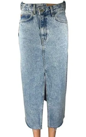 MNG Mango Blue High Waisted Slit Maxi Straight Pencil Denim Jeans Skirt Size XS thumbnail 1