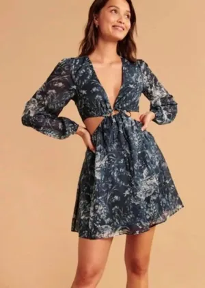 Abercrombie & Fitch Blue Floral Cutout Plunge Mini Dress Long Sleeve Beach Vacay thumbnail 1