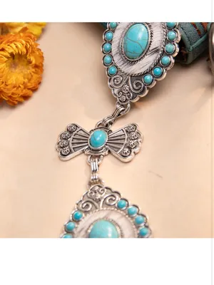 NEW Montana West Rustic Coutures Western Concho Metal Belts turquoise/horse hair thumbnail 5