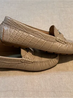 Ralph Lauren Taupe Croc-Embossed Leather Loafers with Gold RL Medallion thumbnail 6
