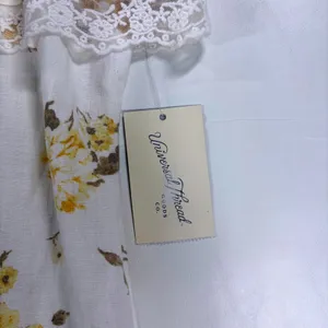 Universal Thread Floral Linen Blend‎ Lace Trim Mini Dress XS Yellow White Boho thumbnail 9
