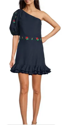 Fanm Mon Flame Mini‎ Linen One Sleeve Ruffle Hem Floral Embroidery Dress Size L thumbnail 1