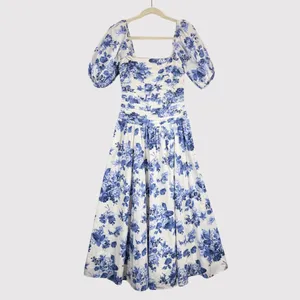 Abercrombie Fitch Midi Dress Blue Emerson Poplin Floral Puffed Pleated Boho XS thumbnail 2