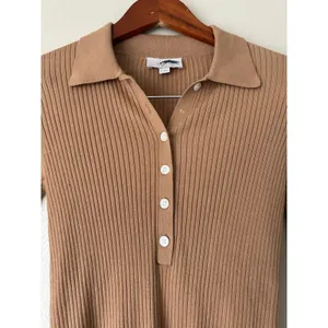 LOFT Tan Collared Ribbed Long Sleeve Top Size XS thumbnail 2