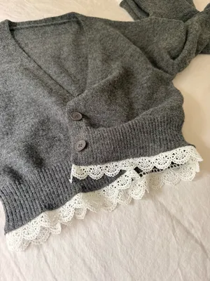 Cozy Cropped Gray and White Lace Sweater and Shorts Set thumbnail 5
