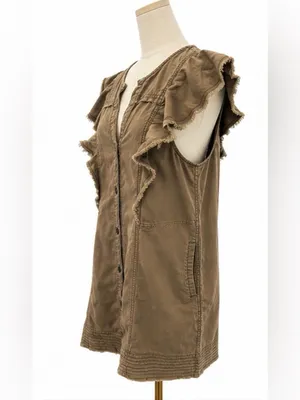 Pilcro Anthropologie Brown Cotton Ruffle Sleeve Button Front Dress Medium thumbnail 2