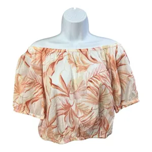 Ann Taylor Pink Floral Cropped Blouse Size S Off The Shoulder Sunny Cotton thumbnail 1