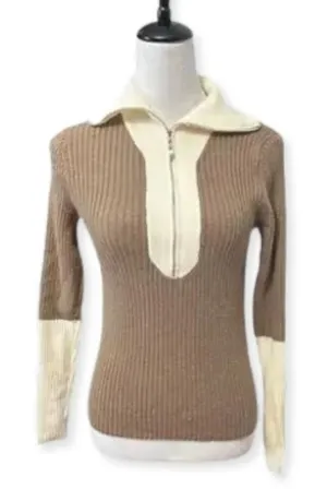 Long Sleeve Sweater Color Block Contrast Quarter Zip Drop Shoulder Beige Brown M thumbnail 1