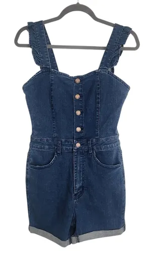 Almost Famous Dark Wash Denim Romper with Ruffle Sleeves Size Small NWT thumbnail 1