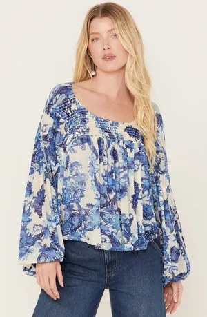 Free People Women’s Up For Anything Western Shirt Smocked Mesh Floral Blue S thumbnail 1