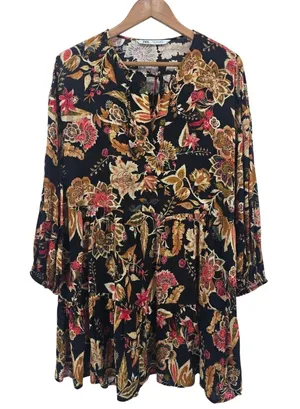 Zara Dress Womens Small Tiered Babydoll Black Floral V-Neck Boho EUC thumbnail 1