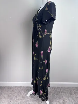 Jessica Howard Black Pink Rose Floral Short Sleeve Maxi Gown Dress Vintage thumbnail 6