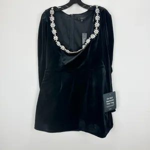 Lulus Ioanna Black Velvet Rhinestone Long Sleeve Mini Dress Party XL FLAW NWT thumbnail 6