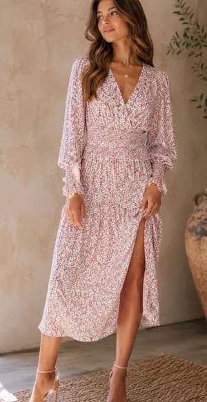 AFRM‎ Hazel Ditzy Floral Pink Smocked Waist Side Slit Romantic MIDI Dress thumbnail 1