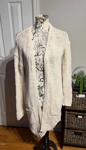 Free People Simply Sienna chunky knit 100% Cotton crochet Cozy Open-Front Cream Cardigan Sweater oversized Sz M versatile cover up coastal breathable open wave loose cable boho coastal thumbnail 1