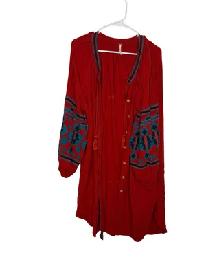 🌵 Free People In The Clear Tunic Dress Embroidered Boho Red Blue‎ Size S ❤️ thumbnail 2