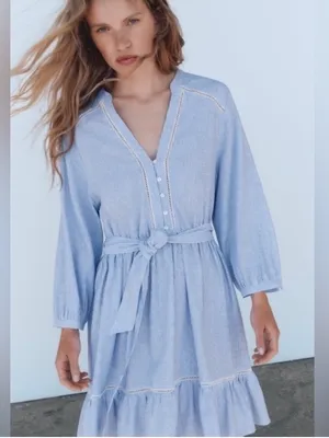 Zara Women's Size Large Mini Shirt Dress Blue White Stripes Crochet Belted Linen thumbnail 1