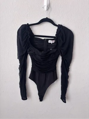 House of CB Black Ruched Mesh Puff-Sleeve Square Neck Bodysuit Size XS thumbnail 5