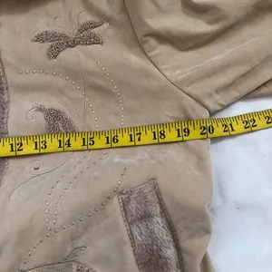 Unique 2000s y2k Tan Cream beige faux fur lined penny lane jacket coat peacoat embroidered #coquette #whimsygoth #cottagecore Size M-measurement in pics thumbnail 5