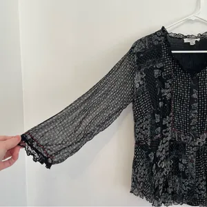 COLDWATER CREEK Black White Patchwork Floral Crinkle Button 3/4 Sleeve Blouse S thumbnail 7