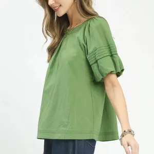 Umgee Round Neck Puff Sleeve Top with‎ Contrast Stitch Detail thumbnail 2