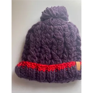 Chunky Knit Pom Beanie in Purple with Red Stripe Merrell thumbnail 4