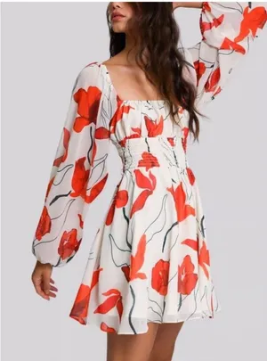 Hutch Bertie‎ Red Poppy Chiffon Mini Dress Square Neck Long Sleeve Size M NWT thumbnail 1