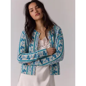 Free People Nocturnal Cashmere Cardi Cardigan Sweater Cottage Blue Floral Large thumbnail 2