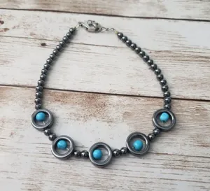 Dark Grey Metallic Beads - Turquoise Tone Beads Bracelet Clasp Closure thumbnail 1