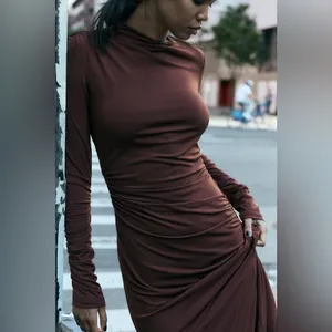 NWT Zara Draped Long Ruched Maxi Dress in Tobacco Brown Size XS thumbnail 5