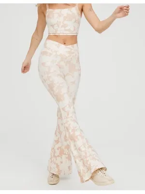 Offline By Aerie Real Me Super Flare Crossover HiRise Leggings Tan Floral Y2K XS thumbnail 1