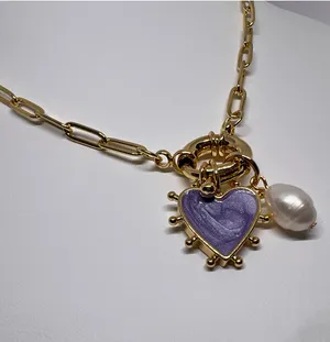 Gold Purple Heart charm necklace with freshwater pearl charm thumbnail 4