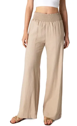 Love Tree Linen Blend Wide Leg Pants Beige Smocked‎ Waist Trousers Large NWT thumbnail 1