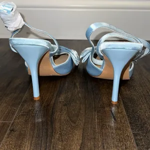 NWOT Lulus Light Blue Satin Rhinestone Bow Stiletto Heels thumbnail 3