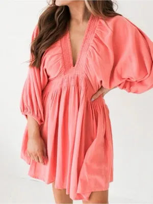 Free People Balloon Sleeve Mini Dress Small Coral EUC! thumbnail 1