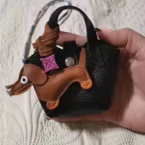 Mini Leather Bag For AirPods Case With Tiny Dachshund As Decor Black Set Brown thumbnail 2