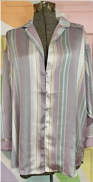 Free People Dreamy Days Satin Oversized Pastel Stripe Pajama Shirt Top XS 💛🎀 thumbnail 1