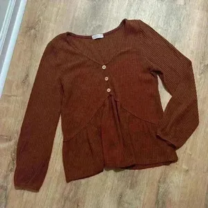 PAPER CRANE | Woman's Waffle Knit Red Ribbed Flowy Long‎ Sleeve Blouse, Size XS thumbnail 1