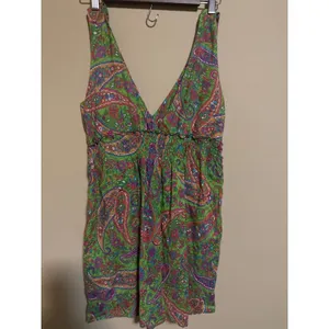 100% Cotton Paisley Mini Dress Green Boho V-Neck Wooden Ring Womens M western‎ thumbnail 6