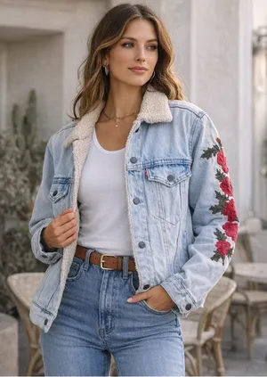 Levi’s Sherpa Lined Floral Embroidered Trucker Jacket Size S Light Wash thumbnail 1