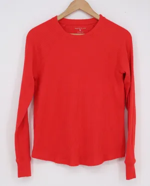 American Eagle Red Ribbed Raglan Long Sleeve Crew Neck Top XS thumbnail 1