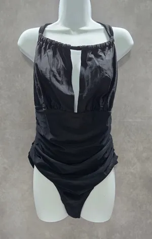 Cupshe Black Whimsy Goth Ruched One Piece Halter Swimsuit Beach Vacation Large thumbnail 1