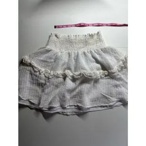 White Smocked Waist Tiered Ruffle Mini Skirt Textured Boho Cottagecore thumbnail 5