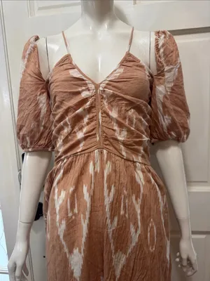 Mirth 100%cotton Rust Tie-Dye Midi Dress with Puff Sleeves size medium thumbnail 3