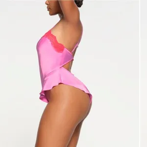 NWT SKIMS Woven Shine Lace Teddy Neon Orchid Pink Red M thumbnail 3