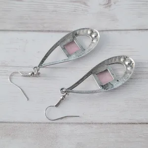 Long Silver Tone, Pink, Clear Gem Dangle Earrings thumbnail 3