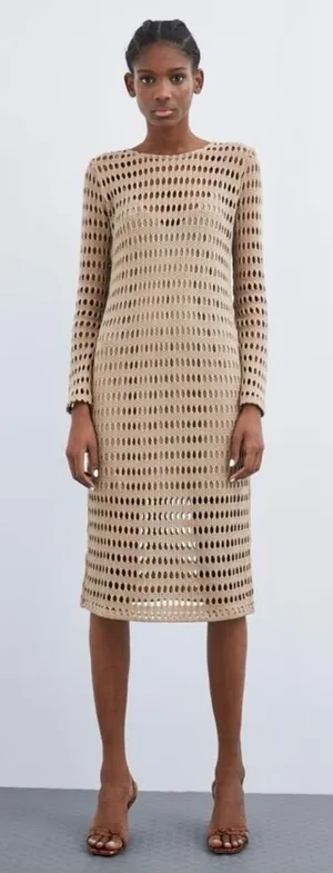Zara Classic Open Knit Boho Crochet Lined Midi Length Dress in Tan Size Medium thumbnail 1