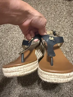 Michael Michael Kors Thong Wedge Espadrille Sandals MK Logo Black Espadrilles 7M thumbnail 4