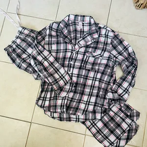 Victoria's Secret Flannel Plaid Pajamas - Black, White, Pink thumbnail 3